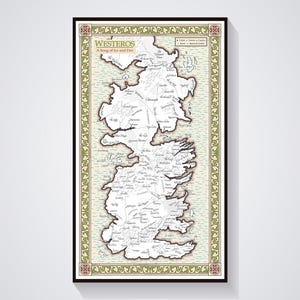 May include: A framed map of Westeros from "A Song of Ice and Fire." The map is in black and white with detailed place names. The frame is black, and the map has a decorative border in green, red, and gold.