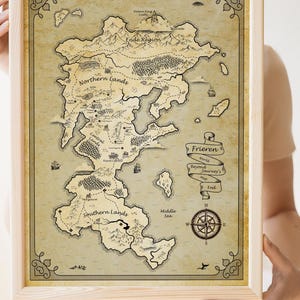 May include: A framed map with a vintage aesthetic, featuring a detailed illustration of a fictional land. The map includes geographical features, place names, and a compass rose. Text on the map reads "Frieren" and "Beyond Journey's End."