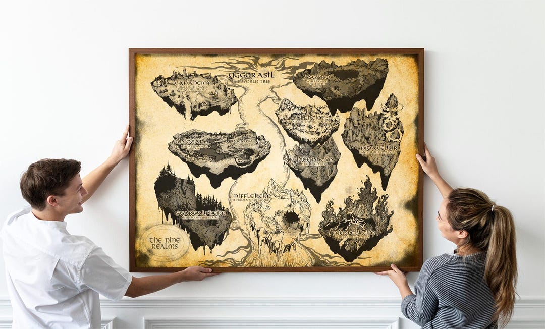 The Nine Realms Map Poster, Yggdrasil Map Print, Norse Mythology Home ...