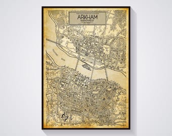 Plakat z mapą Arkham City: Wydruk artystyczny z mitologii Cthulhu autorstwa H.P. Lovecrafta