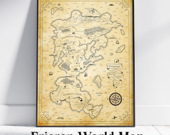 Poster wereldkaart Frieren, fantasiekaart geïnspireerd door Frieren Beyond Journey's End, kunst aan de muur, decor anime, mangaprint