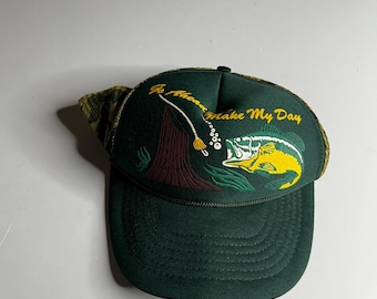 90s Vintage Go Ahead Make My Day Fishing Bass Trucker Hat Camo Mesh Snapback