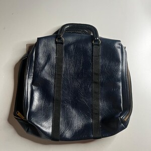 Vintage 70s Navy Blue Faux Leather Briefcase Zippered Document Bag Laptop Case