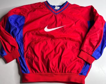 Vintage Nike Kids Windbreaker Pullover Red Blue V-Neck Swoosh Large 14 L(14)