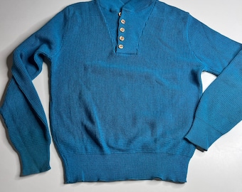 Vintage Woolrich Blue Ribbed Henley Sweater Made in USA Mock Neck Wood Buttons