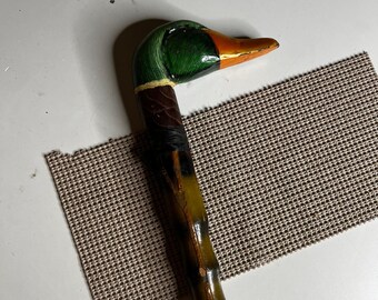 Vintage Mallard Duck Head Walking Cane Hand Painted Faux Bamboo Wood Stick 36in