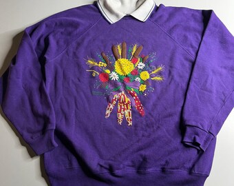 Vintage Morning Sun Purple Harvest Sweatshirt Indian Corn Floral Double Collar