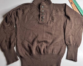 Vintage 60s Perfect Knitting Mills Wool Military Sweater Brown 5 Button Large