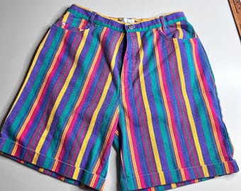 Denim Vintage 90s Multi Color Striped High Waist Denim Shorts Size 17/18