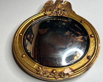 Antique Convex Mirror Eagle Crest Gilt Wood Frame Federal Wall Decor