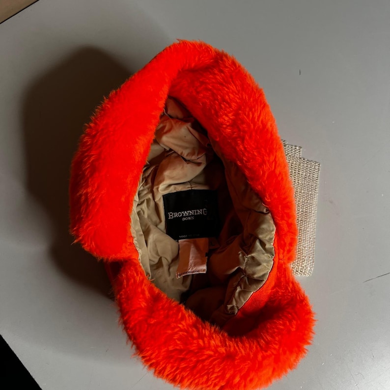 Browning Down Vintage Blaze Orange Trapper Hat Made in USA Hunter Cap Large image 4