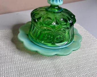Vintage Green Glass Cherry Butter Dish Scalloped Opalescent Base Lidded 7 inch