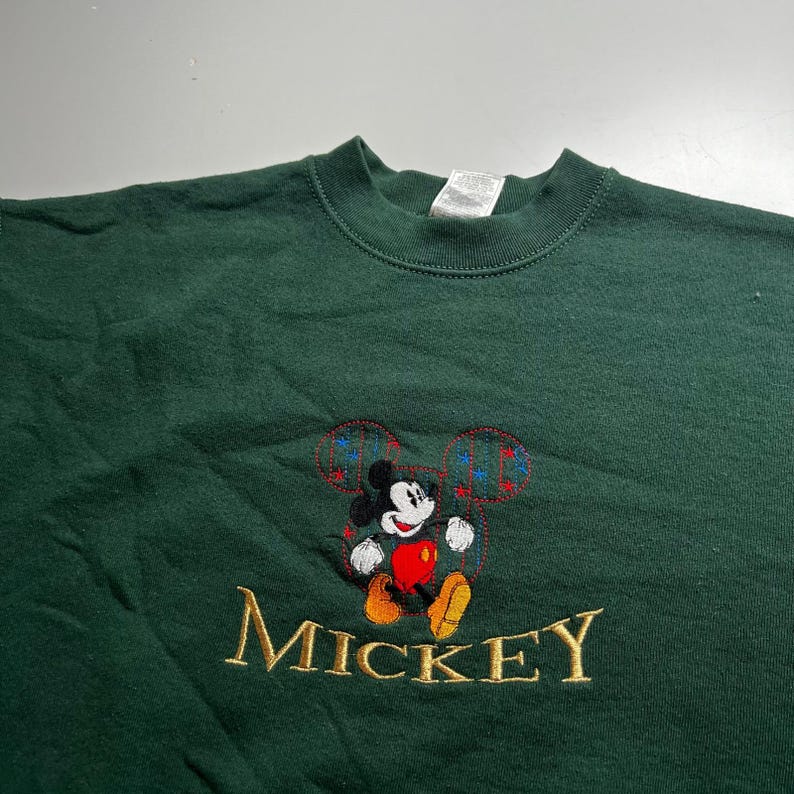 Vintage Disney Mickey Mouse Sweatshirt Forest Green Embroidered Crewneck Large zdjęcie 5