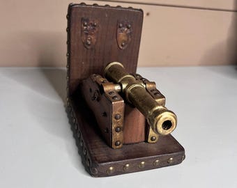 Vintage Wood and Brass Cannon Bookend Nautical Military Library Decor Single