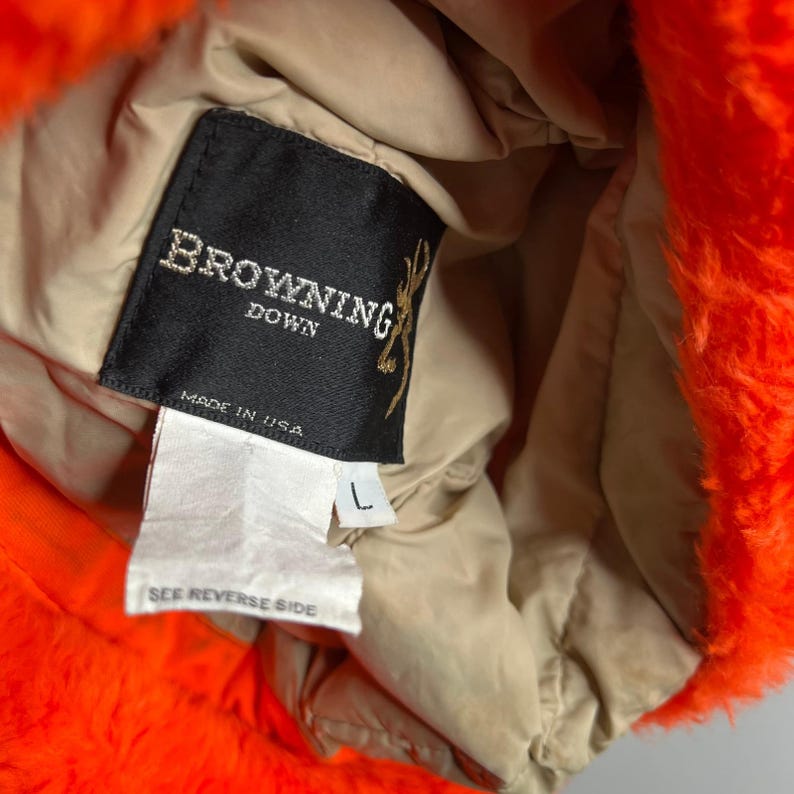 Browning Down Vintage Blaze Orange Trapper Hat Made in USA Hunter Cap Large image 3