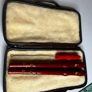 May include: Two dark red wooden flutes with multiple finger holes and a mouthpiece, accompanied by a thin metal cleaning rod with a red fuzzy tip, all stored inside a brown zippered carrying case lined with cream-colored faux fur.
