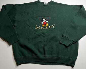 Vintage Disney Mickey Mouse Sweatshirt Forest Green Embroidered Crewneck Large