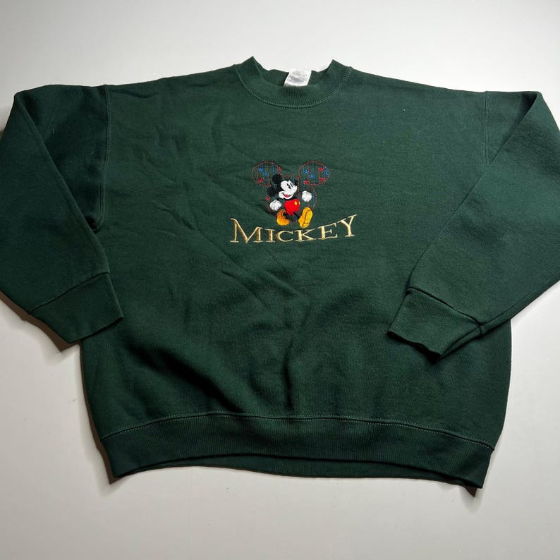 Vintage Disney Mickey Mouse Sweatshirt Forest Green Embroidered Crewneck Large zdjęcie 1
