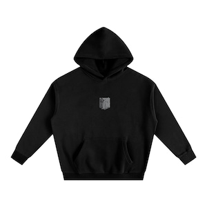 May include: Black hoodie with a front pocket and a hood. The hoodie features a small, gray emblem on the chest. The long-sleeved sweatshirt is made of a soft material and is suitable for casual wear.
