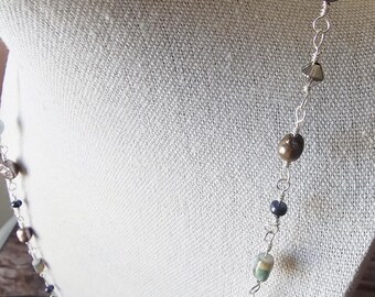 Artisan Beaded Eyeglass Lanyard - Multi-Color Freshwater Pearls, Glass Bead With Silver Wiring 28"