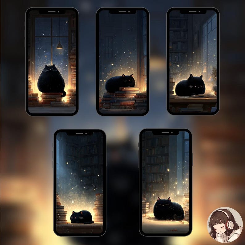 Anime Black Cat Phone Wallpaper Set: Cozy Midnight Magic (digital ...