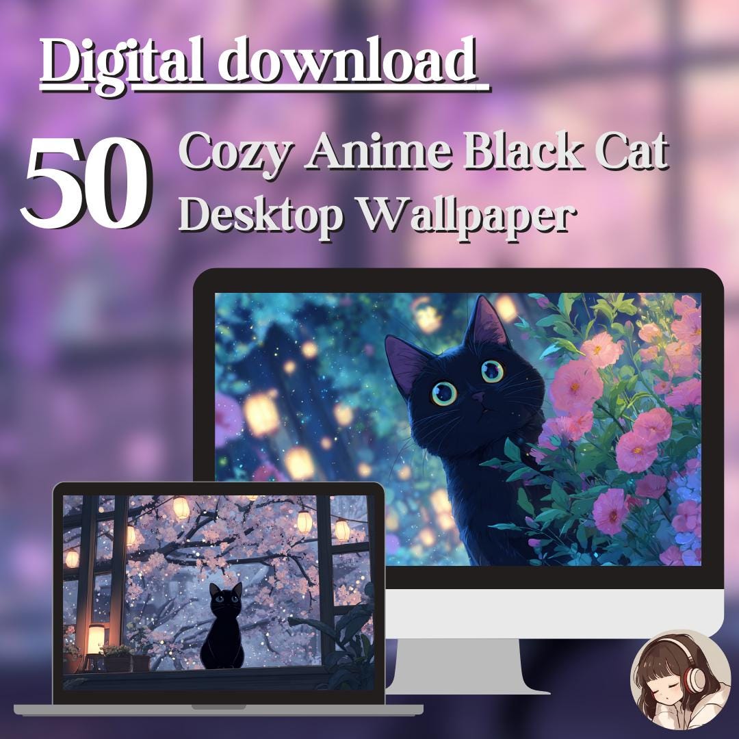 Anime Black Cat Desktop Wallpaper Set: Anime Style (digital Download ...