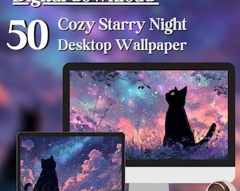 Cozy Starry Night Black Cat Desktop Wallpaper Set | Dreamy Galaxy Sky Wallpaper (Digital Download)