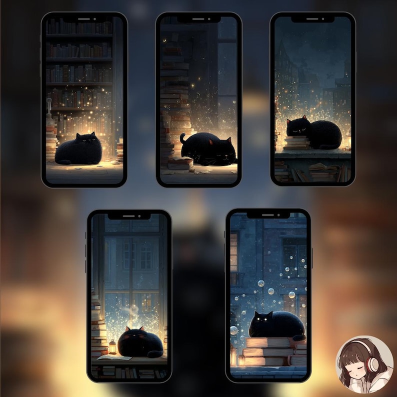 Anime Black Cat Phone Wallpaper Set: Cozy Midnight Magic (digital ...