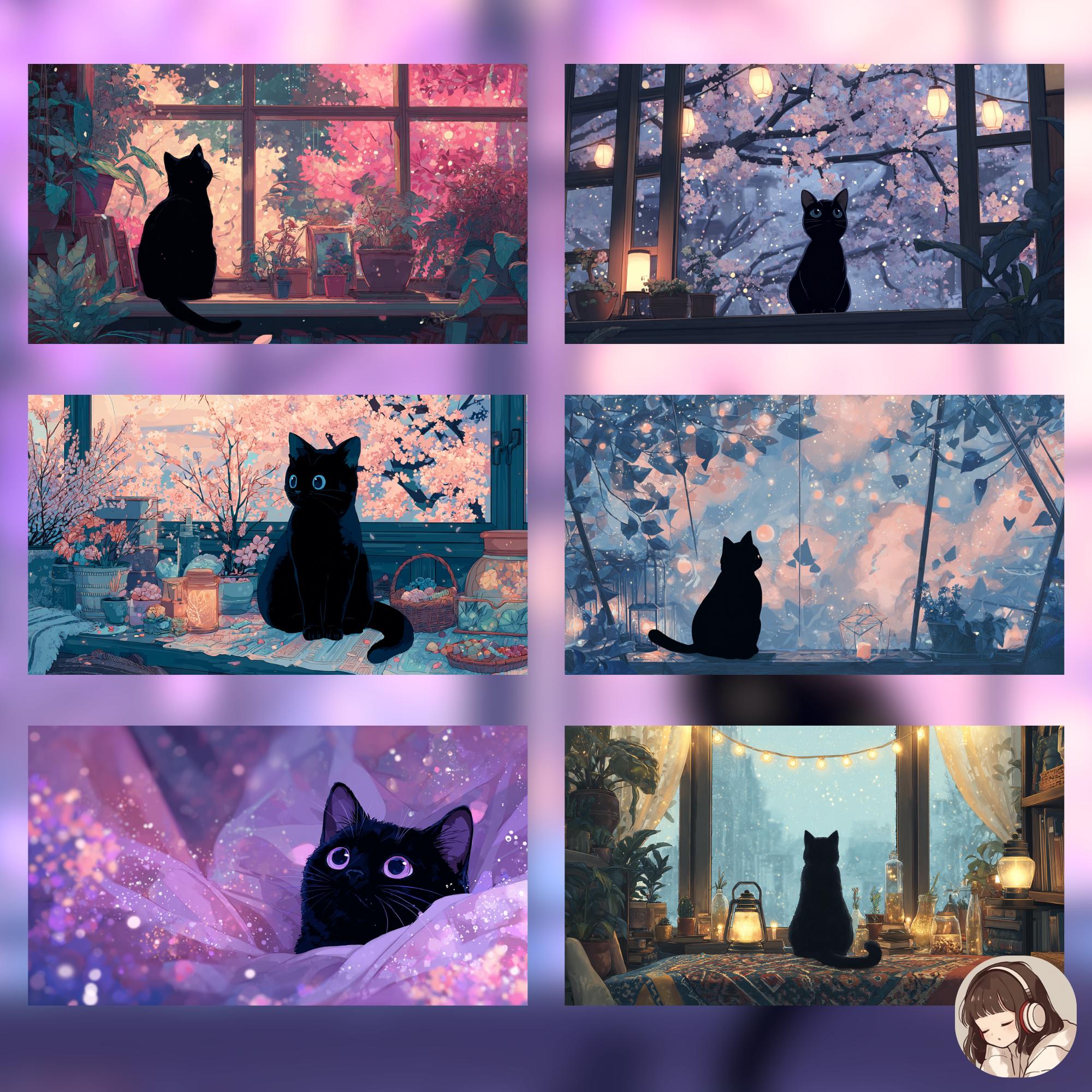Anime Black Cat Desktop Wallpaper Set: Anime Style (digital Download ...