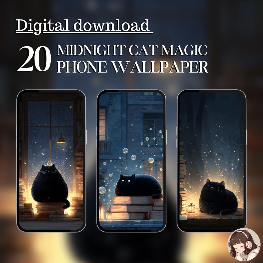 Anime Black Cat Phone Wallpaper Set: Cozy Midnight Magic (digital ...