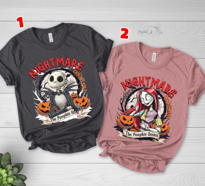 Jack and Sally Halloween Couple Tee, Nightmare Before Christmas Shirt, Jack Skellington Pumpkin King & Sally Pumpkin Queen Shirt image 1