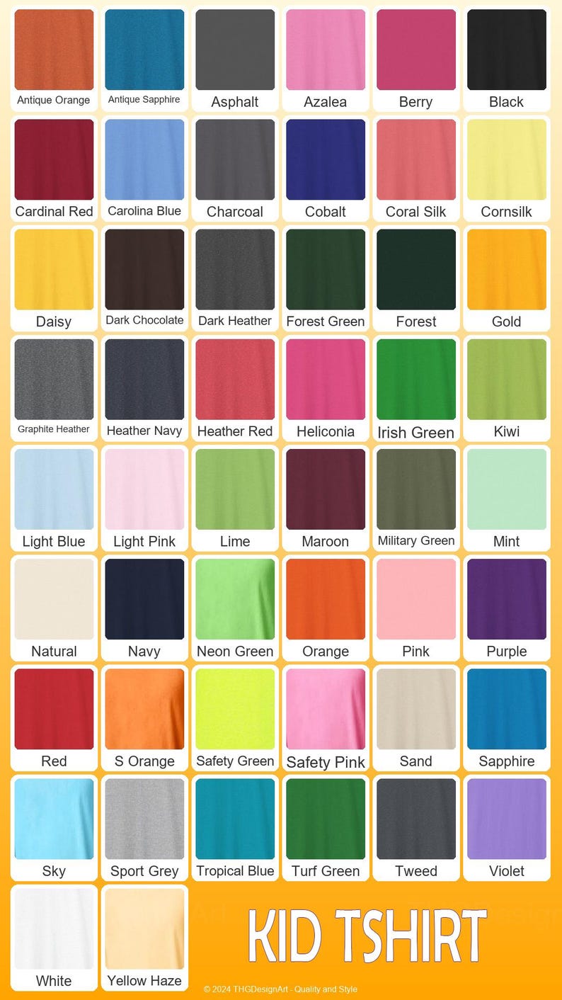 May include: A color chart featuring a variety of t-shirt colors, including Antique Orange, Azalea, and Forest Green. The text "KID TSHIRT" is displayed at the bottom. The chart includes a wide range of hues, from light to dark.
