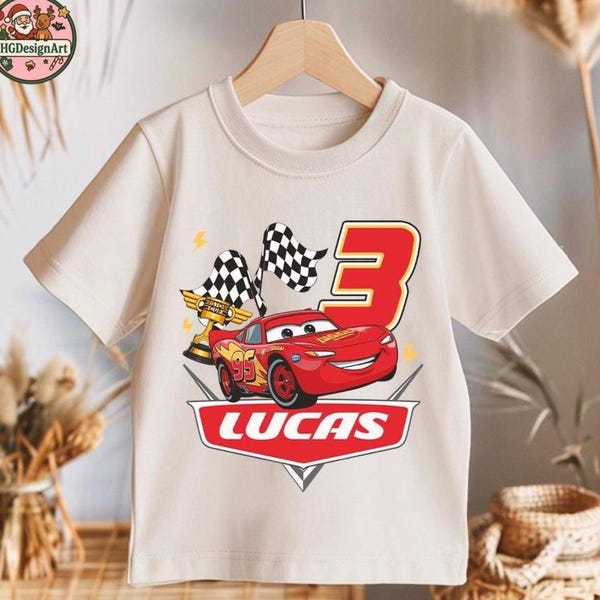 Lightning McQueen Birthday T-Shirt, Kid Shirt, Personalized Disney Pixar Racing Party Outfit for Kids, Cars Birthday Tee with Name and Age