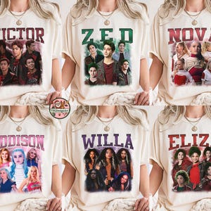 May include: Six cream-colored t-shirts, each featuring a different name in a bold, vintage-style font: Victor, Zed, Nova, Addison, Willa, and Eliza. Each shirt displays a collage of character images from a movie.