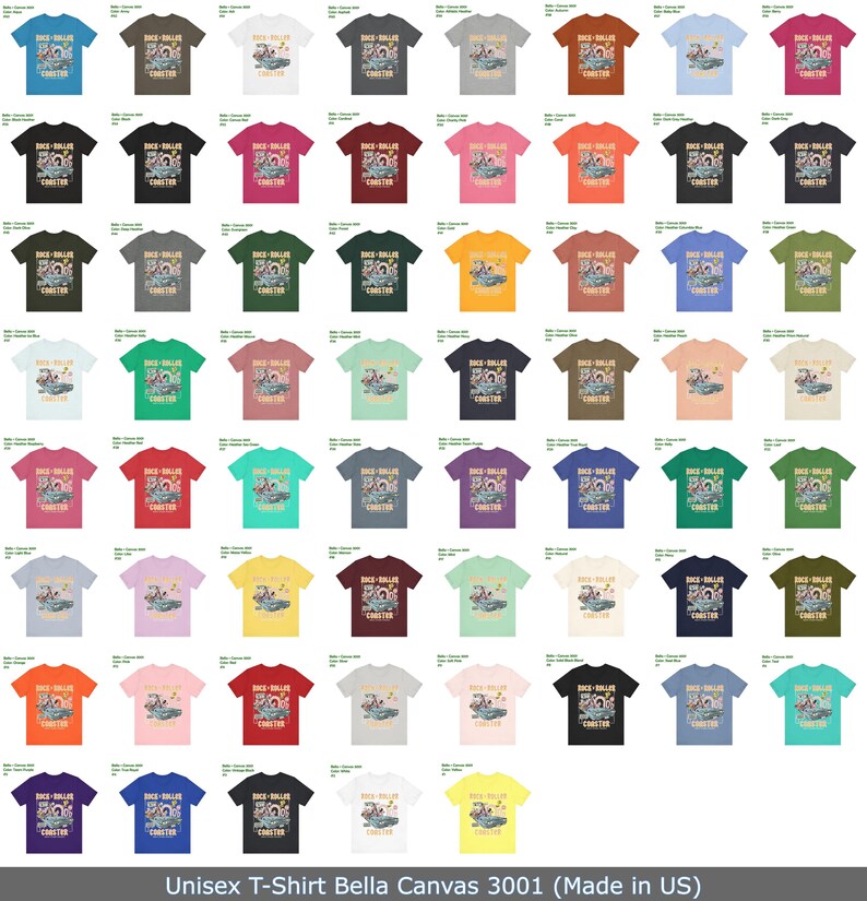 Puede incluir: Una colecci&oacute;n de camisetas unisex Bella Canvas 3001 en varios colores, cada una con un dise&ntilde;o gr&aacute;fico y el texto "Rock-n-Roll Coaster". Las camisetas est&aacute;n hechas en EE. UU. y est&aacute;n disponibles en una amplia gama de tonos, desde el azul hasta el negro.