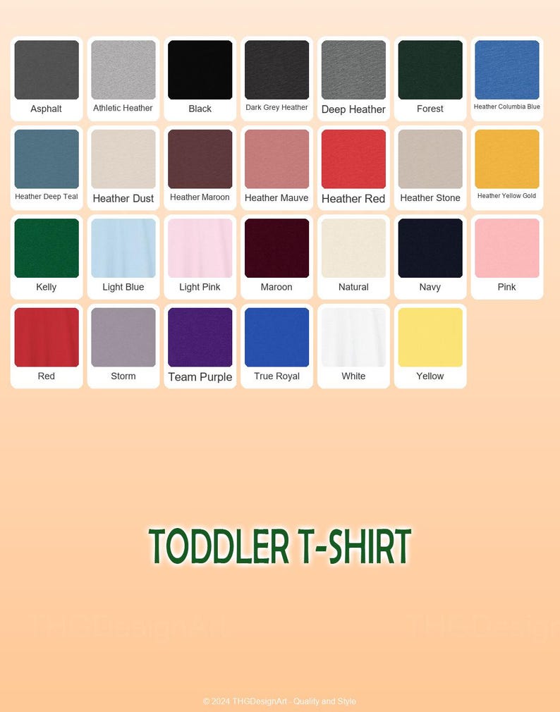 May include: A color chart for toddler t-shirts, featuring a variety of solid colors including black, red, and blue. The chart displays the color names, such as "Asphalt" and "Heather Red", with each color represented by a square.