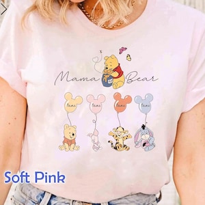 Camiseta retrô dos anos 90 da Mamãe Ursa, camiseta do Dia das Mães do Ursinho Pooh, personalizada com o nome da criança, presente da Disney de mamãe para abelha, design clássico de desenho animado