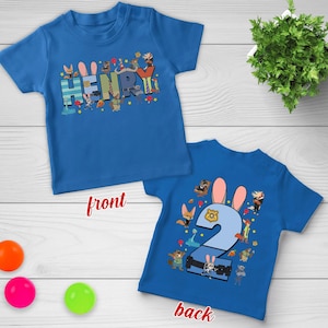 Maglietta di compleanno personalizzata di Zootopia, maglietta per feste per bambini con nome per maschietti e femminucce, completo con animali dei cartoni animati per bambini piccoli immagine 1
