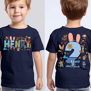 Maglietta di compleanno personalizzata di Zootopia, maglietta per feste per bambini con nome per maschietti e femminucce, completo con animali dei cartoni animati per bambini piccoli immagine 4