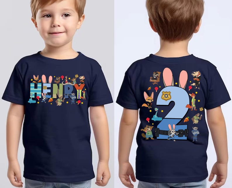 Maglietta di compleanno personalizzata di Zootopia, maglietta per feste per bambini con nome per maschietti e femminucce, completo con animali dei cartoni animati per bambini piccoli immagine 4