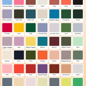 May include: Color chart for Bella Canvas T-shirts, featuring a grid of various colors with names like "Aqua," "Black," and "Red." The bottom of the image displays the Bella Canvas T-shirt logo.