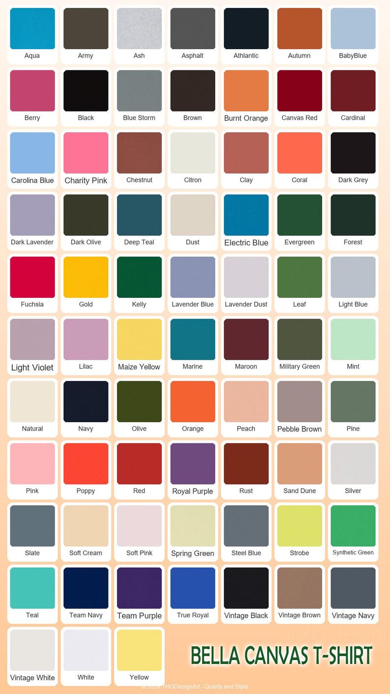 May include: Color chart for Bella Canvas T-shirts, featuring a grid of various colors with names like "Aqua," "Black," and "Red." The bottom of the image displays the Bella Canvas T-shirt logo.