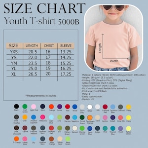 May include: A youth t-shirt in a light peach color, with a size chart and color options displayed. The chart shows measurements in inches for length, chest, and sleeve. The shirt is made of cotton/polyester blend and is customizable.