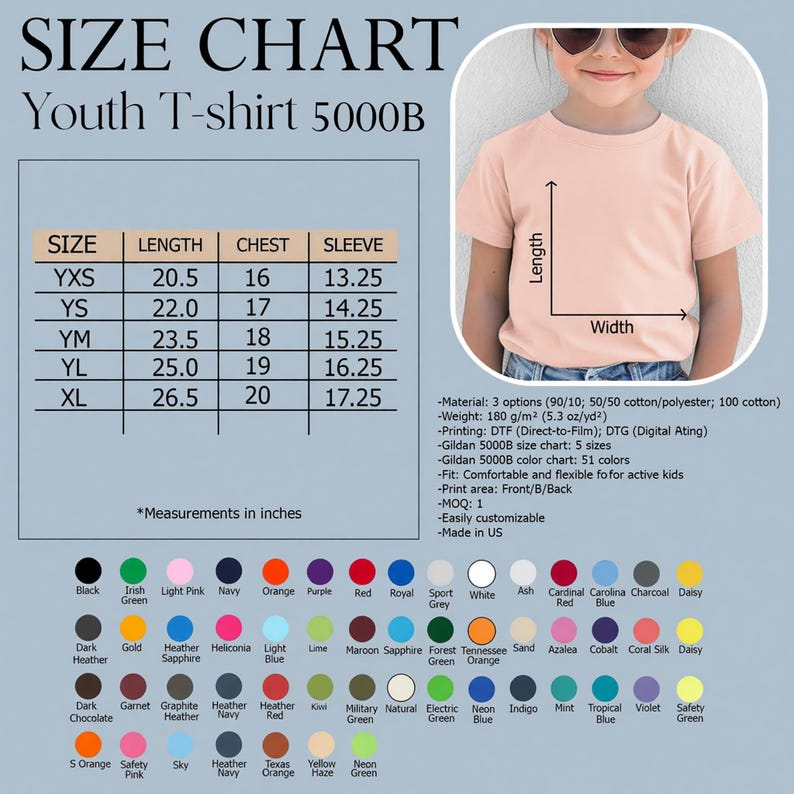 May include: A youth t-shirt in a light peach color, with a size chart and color options displayed. The chart shows measurements in inches for length, chest, and sleeve. The shirt is made of cotton/polyester blend and is customizable.