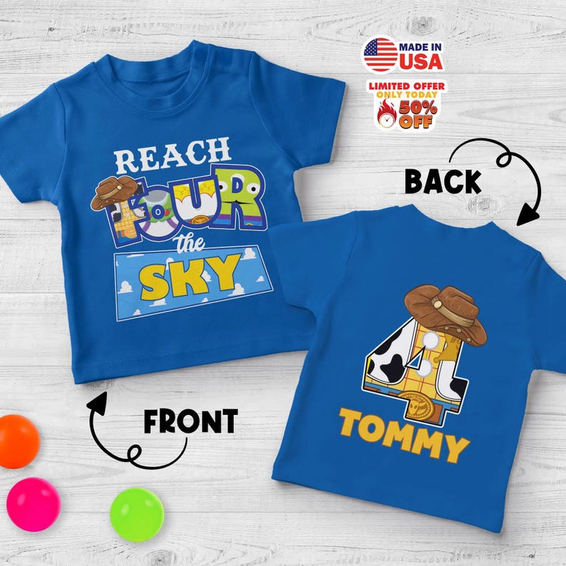 Camiseta de aniversário "Alcance o Céu" de Toy Story, camiseta de aniversário do Woody e Buzz. imagem 1