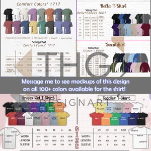 Peut inclure: Un tableau montrant diff&eacute;rentes tailles et couleurs de t-shirts disponibles &agrave; l'achat. Le tableau comprend des informations de taille pour les t-shirts unisexes pour enfants, les t-shirts pour tout-petits et les t-shirts pour adultes. Le tableau comprend &eacute;galement des informations de taille pour les sweat-shirts. Le tableau est intitul&eacute; "Comfort Colors 1717", "Bella T-Shirt", "Sweatshirt", "Unisex Kid T-Shirt", et "Toddler T-Shirt".