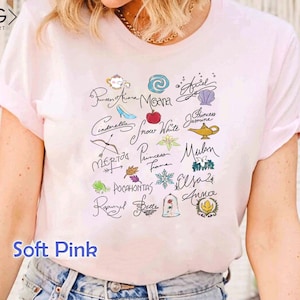 Retro 90s Disney Princess Signature Tee, Watercolor Aurora Ariel Belle Cinderella Tiana Shirt, Girly Aesthetic, Magic Kingdom Gift
