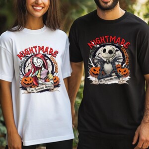 Jack and Sally Halloween Couple Tee, Nightmare Before Christmas Shirt, Jack Skellington Pumpkin King & Sally Pumpkin Queen Shirt image 2
