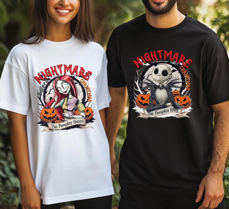 Jack and Sally Halloween Couple Tee, Nightmare Before Christmas Shirt, Jack Skellington Pumpkin King & Sally Pumpkin Queen Shirt image 2