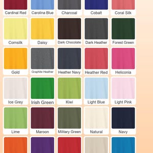 May include: A color chart of Gildan T-shirts, showcasing a variety of solid colors. The chart includes shades like Antique Irish Green, Azalea, Black, Cardinal Red, and more. The Gildan T-shirt logo is at the bottom.
